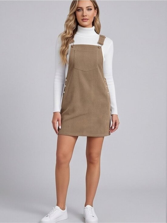 By Design Dresses & Skirts - Brown Pocket Patched Corduroy Overall Dress